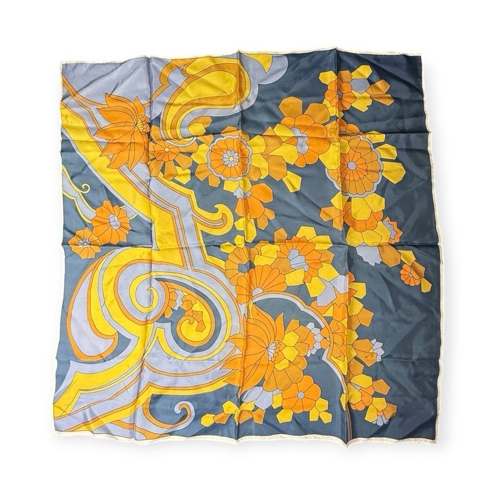 Vintage Acetate Twill Square Scarf 31" Floral Paisley Blue Orange Yellow Japan
